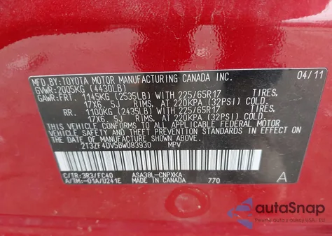 2011 Toyota Rav4 from USA, damaged, VIN 2T3ZF4DV5BW083930